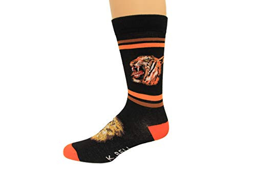 K- Bell Mens Casual Animal Novelty Crew Socks  Big Cats -Black-  Shoe Size 6-12