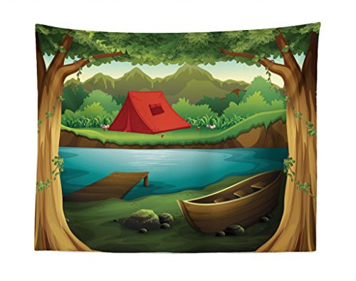 Lunarable Camping Tapestry  Idyllic Nature Scene of a Deep Forest with Lake and Mountains Cartoon Woodland  Fabric Wall Hanging Decor for Bedroom Livi