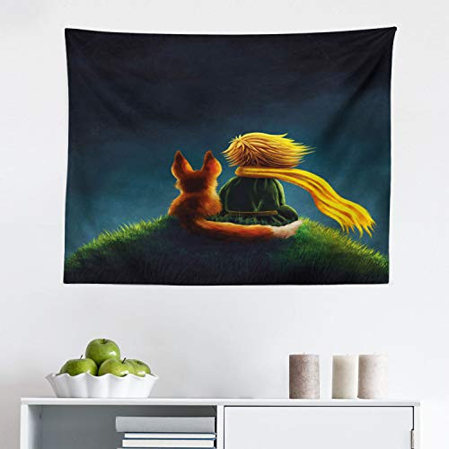 Lunarable Fantasy Tapestry  Children Design Little Prince and The Fox Looking at The Sky Pattern  Fabric Wall Hanging Decor for Bedroom Living Room Do