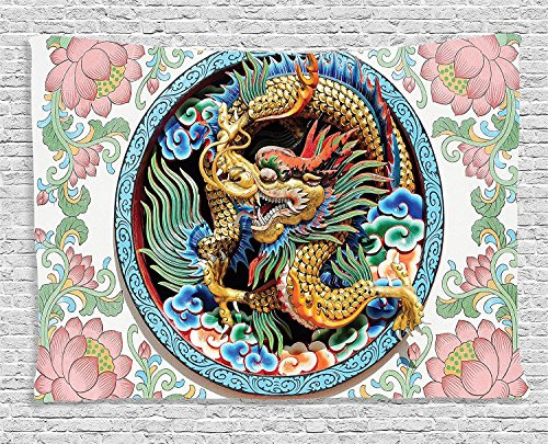Ambesonne Dragon Tapestry  Chinese Dragon on Floral Backdrop Esoteric Dynasty East Asian  Wide Wall Hanging for Bedroom Living Room Dorm  60 X 40  M