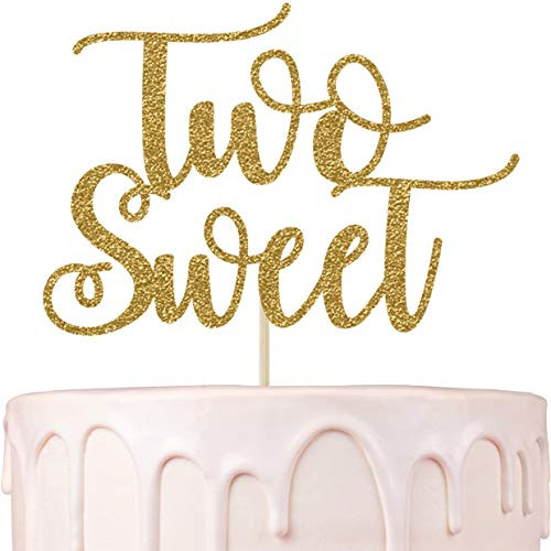 Two Sweet Birthday Party Supplies 2 Cake Topper Beautiful 2nd Birthday Cake Topper in Gold Glitter Second Birthday Decorations for Two Years Old Girl