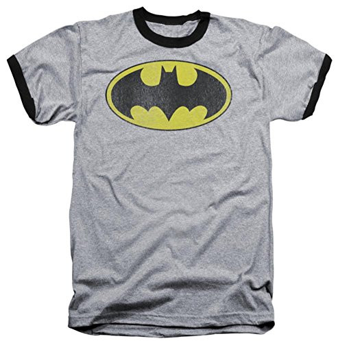 Batman Classic Distressed Logo Adult Ringer T-Shirt  X-Large in Gray
