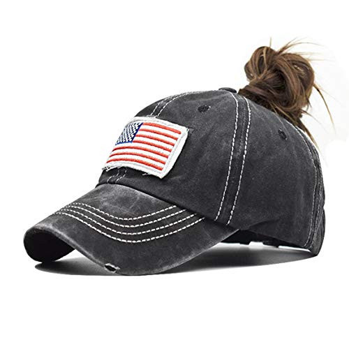 IZUS American Flag Distressed Baseball Hat  100 Distressed Cotton Dad Hat Embroiderred for Adult -Ponytail Hat Black-No Hair-
