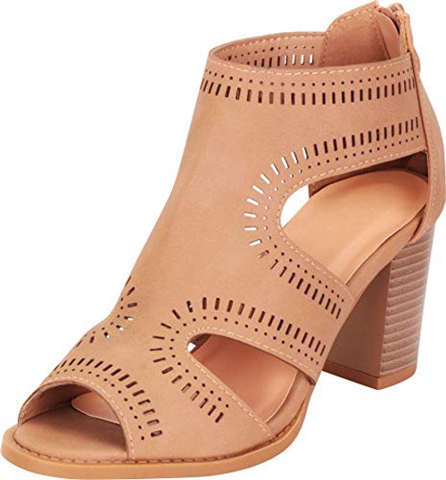 Cambridge Select Womens Open Toe Laser Cutout Perforated Chunky Block Heel Ankle Bootie 9 B-M- US Tan PU