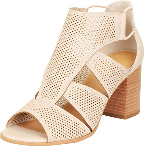 Cambridge Select Womens Open Toe Laser Cutout Perforated Caged Chunky Stacked Block Heel Sandal 9 B-M- US Light Taupe NBPU