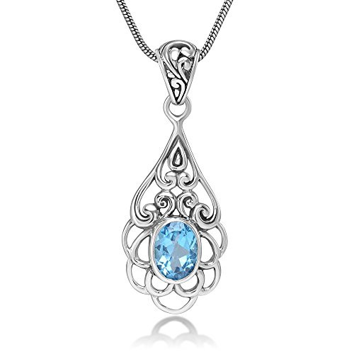 Sterling Silver Open Filigree Flower Blue Topaz Gemstone Teardrop Pendant Necklace 18 Silver Chain Sterling Silver Open Filigree Flower Blue Topaz Gemstone Teardrop Pendant Necklace 18 Silver Chain
