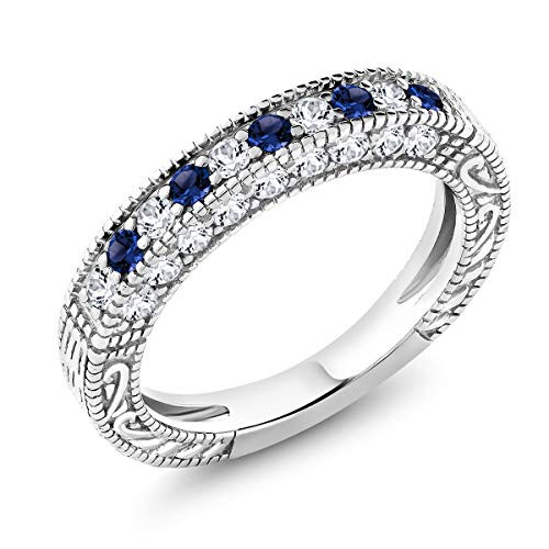 Gem Stone King 925 Sterling Silver Blue and White Created Sapphire Wedding Band Ring For Women -1-00 Cttw-