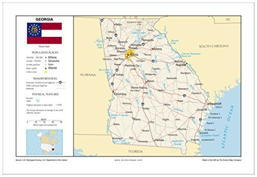 13x19 Georgia General Reference Wall Map - Anchor Maps USA Foundational Series - Cities  Roads  Physical Features  and Topography -Rolled-