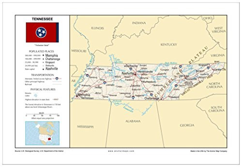 13x19 Tennessee General Reference Wall Map - Anchor Maps USA Foundational Series - Cities  Roads  Physical Features  and Topography -Rolled-