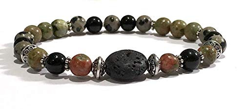 Handmade Lava Rock -Basalt-  Unakite  Dalmatian Jasper and Black Tourmaline Diffuser Healing Bracelet 7 Inches