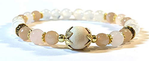 Handmade Wooden Bead Sunstone Moonstone and Rose Quartz Diffuser Healing Bracelet 7 Inches with Golden Findings Handmade Wooden Bead Sunstone Moonstone and Rose Quartz Diffuser Healing Bracelet 7 Inches with Golden Findings