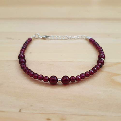 Dainty Pink Garnet Round Beads Bracelet Sterling Silver January Birthday Jewelry Gift for her
