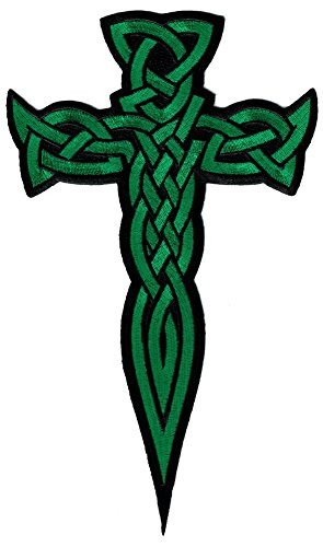 Large Celtic Cross Dagger Green Iron-On Patch Embroidered Irish Crucifix
