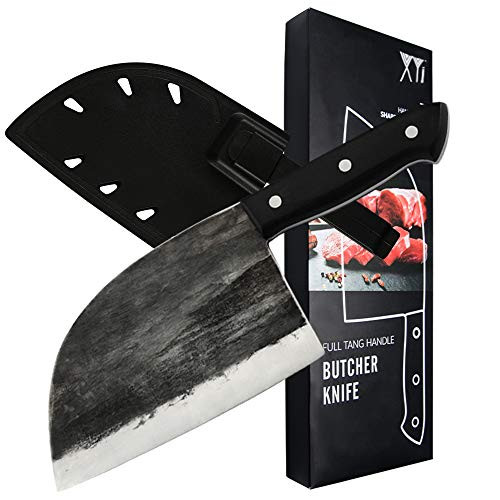 XYJ Handmade Forged Butcher Knife Full Tang Serbian Chef Knife High Carbon Steel Kitchen Knife with Plastic Carrying Knife Sleeves Cleaver for Camping XYJ Handmade Forged Butcher Knife Full Tang Serbian Chef Knife High Carbon Steel Kitchen Knife with Plastic Carrying Knife Sleeves Cleaver for Camping