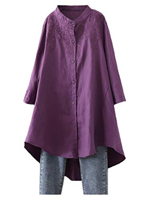 Minibee Womens Cotton Linen Shirt High Low Button Down Embroidered Blouse Long Sleeve Tunic Tops with Pocket Purple 2XL