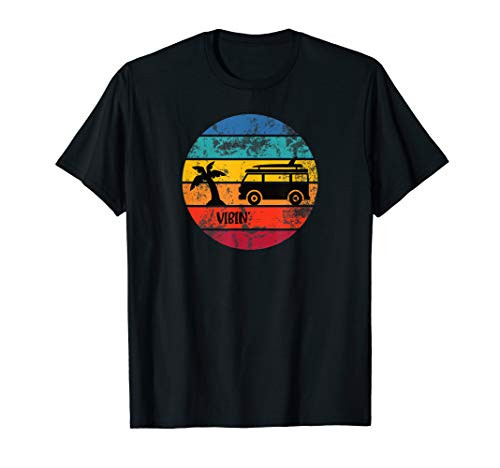 Vibin Colorful Retro Sunset Hippie Van Palm Trees Distressed T-Shirt