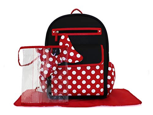 Cudlie Disney Minnie Mouse Backpack Diaper Bag Polka Dot Big Bow Made with PU-Vegan Leather -Includes Wet Pocket and Changing Pad-  Minnie Mouse Polka D