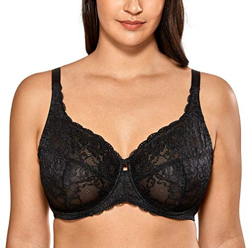 DELIMIRA Womens Lace Unlined Full Coverage Minimizer Underwire Bra Black 36G