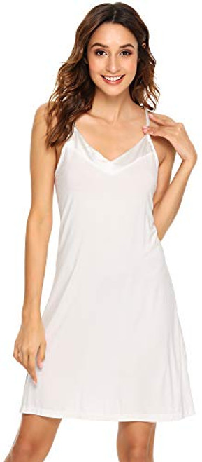 WiWi Womens Bamboo Nightgowns Sexy Camisole Sleepwear V Neck Nightwear Plus Size Chemise Full Slip for Under Dress S-4X  Pure White  Small