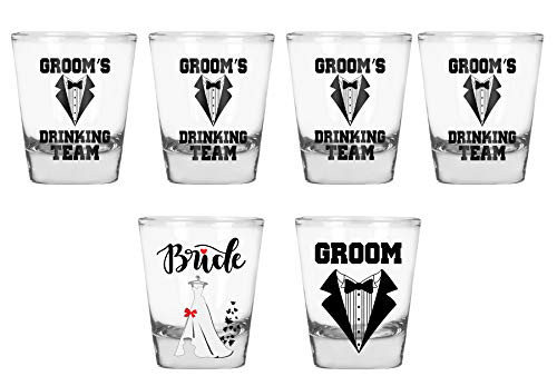 Wedding Shot Glasses - Bride and Groom - Groom Drinking Team - Wedding 2 oz - Bachelor Party Favors -Six Pack- Wedding Shot Glasses - Bride and Groom - Groom Drinking Team - Wedding 2 oz - Bachelor Party Favors -Six Pack-