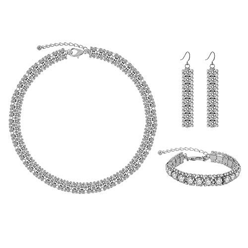 MOOCHI Silver Plated Clear Round Crystal Beads Connected Chain Necklace Earrings Jewelry Set MOOCHI Silver Plated Clear Round Crystal Beads Connected Chain Necklace Earrings Jewelry Set