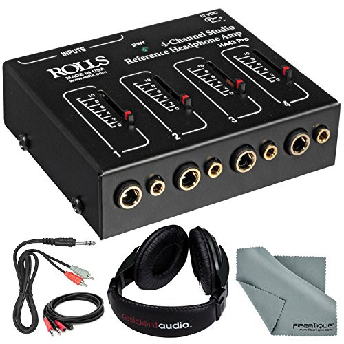 Rolls HA43 4 Channel Stereo Headphone Amplifier and Accessory Bundle w/ Professional Stereo Headphones + Cables + Fibertique Cloth