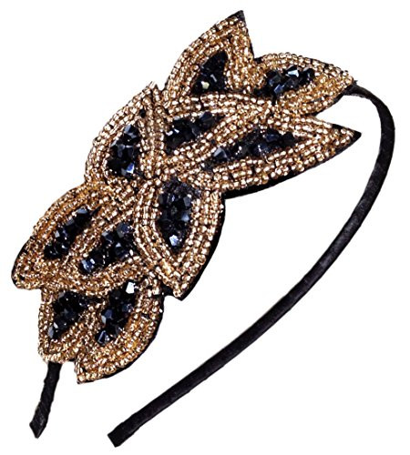 Flapper Headband 1920s Gatsby Leaf Beaded Women Hair Accessory for Halloween Party -Black Gold-