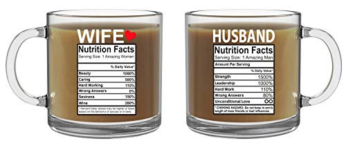 Husband and Wife Nutrition Facts - 13oz Glass Coffee Mug Couples Sets - Funny His and Her Gifts - Husband and Wife Anniversary Presents - Wedding Gift