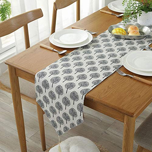 Buery Table Runner, 13" x 72" Cotton Table Runner with Tassel Grey Tree Pattern Fringe Table Runner for Dining Table Decoration (Beige)