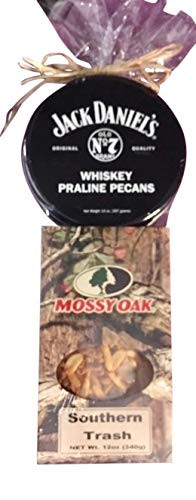 Jack Daniels Whiskey Praline Pecans Tin 14 oz- and Southern Trash snack mix with peanuts 12 oz- - shrink wrapped for gift giving Total two items