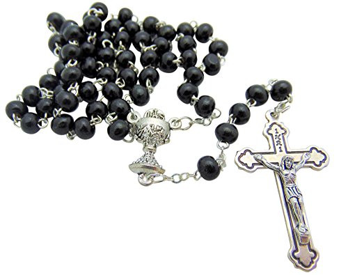 Westman Works First Holy Communion Rosary Black Wood Beads with Metal Crucifix and Center