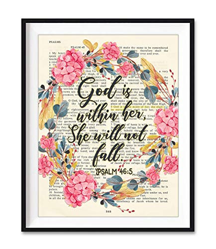 God Is Within Her  She Will Not Fall  Psalm 465 Art Print  Unframed  Vintage Bible Page Verse Scripture  Christian Floral Wall Art Decor Poster  5x7