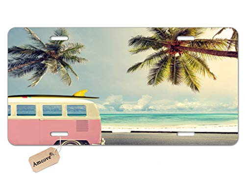 Amcove Beach Surf Decorative Car Front License Plate  Minivan Retro Vacation Theme Clouds in Summer Sky Honeymoon Destination Vanity Front License Pla