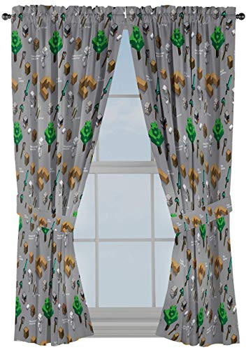 Jay Franco Minecraft Survive Dark 63 inch Drapes 4 Piece Set - Beautiful Room Décor and Easy Set up - Window Curtains Include 2 Panels and 2 Tiebacks -Of