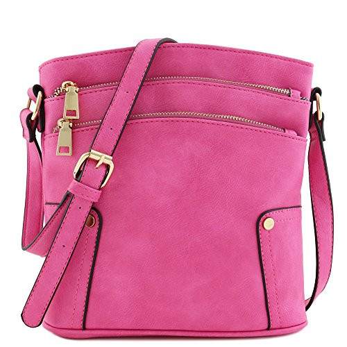 Triple Zip Pocket Medium Crossbody Bag -Fuchsia-