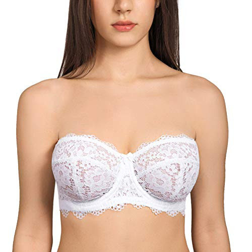 DOBREVA Womens Lace Strapless Bra Plus Size Underwire Unlined Balconette Bras White 38C DOBREVA Womens Lace Strapless Bra Plus Size Underwire Unlined Balconette Bras White 38C