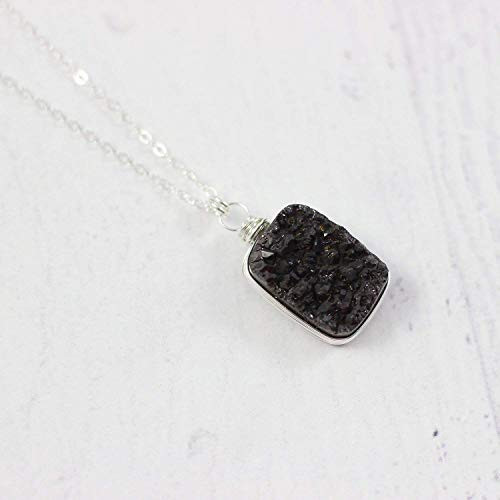 Black Druzy Geode Sterling Silver Pendant Necklace - 16 Length