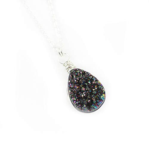 Rainbow Druzy Teardrop Sterling Silver Necklace - 16 Length