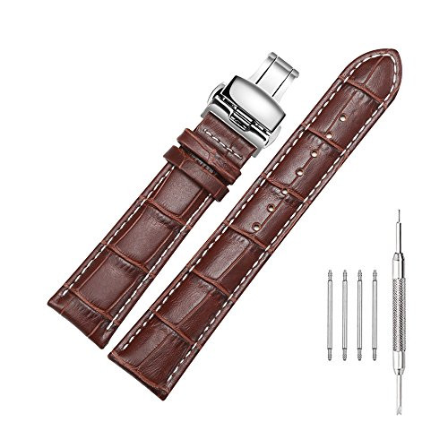 Calfskin Leather Watch Belts 18mm Brown Watch Band with Butterfly Deployment Push Button Clasp Polished Silver Stainless Steel Buckle