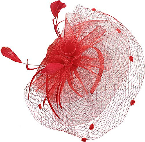 Fascinators for Women Wedding Veil Hats Tea Party Fascinator Headband Kentucky Derby Headwear Cocktail Feathers -Red- Fascinators for Women Wedding Veil Hats Tea Party Fascinator Headband Kentucky Derby Headwear Cocktail Feathers -Red-