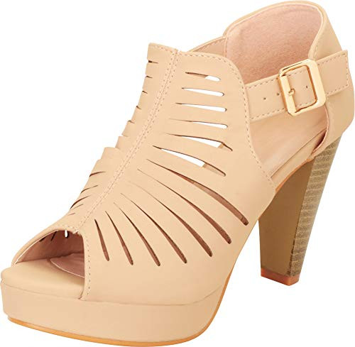 Cambridge Select Womens Open Toe Laser Cutout Caged Chunky Platform High Heel Sandal 9 B-M- US Taupe NBPU