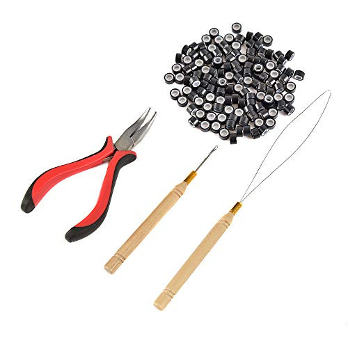 Hair Extension Tools Kit  Pliers - Pulling Hook - Bead Device Tool Kits with 200 Pieces 5mm Silicone Lined Micro Rings -200Pcs  Black Beads-
