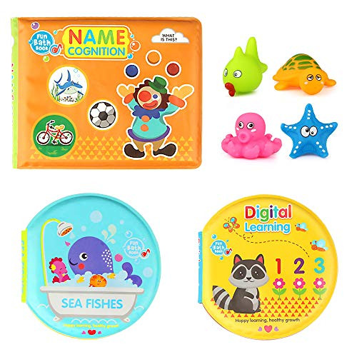 Baztoy Baby Bath Toys 3 Pack Nontoxic Soft Floating Sound Books Kids Early Educational Infant Learning Books Toys Waterproof Bathtime Bathtub Book with Ocean Squirt Toys for Babies Toddlers