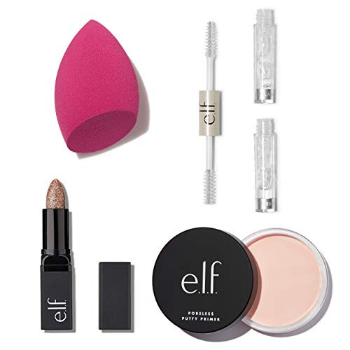 e-l-f- Cosmetics Best Of E-l-f- Bundle  Poreless Putty Primer  Clear Brow and Lash Mascara  Total Face Sponge  Lip Exfoliator  4-pack