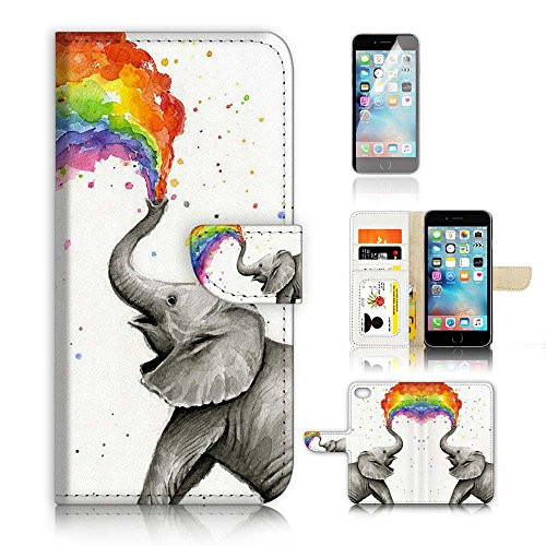 ( For iPhone 6 / 6S ) Wallet Case Cover & Screen Protector Bundle! A3957 Elephant Rainbow