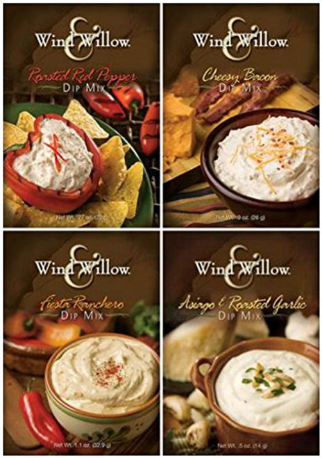 Wind and Willow Dip Mix 4 Flavor Variety Bundle Cheesy Bacon  Roasted Red Pepper  Asagio and Roasted Garlic  and Fiesta Ranchero -4 Packs Total- Wind and Willow Dip Mix 4 Flavor Variety Bundle Cheesy Bacon  Roasted Red Pepper  Asagio and Roasted Garlic  and Fiesta Ranchero -4 Packs Total-