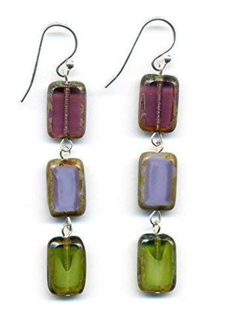 Glass Bead Rectangle Drop Earrings in Purple and Green  Dangle Earrings  Sterling Silver