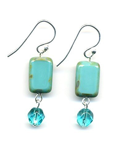 Glass Bead Rectangle Drop Earrings With Crystal in Turquoise  Dangle Earrings  Sterling Silver