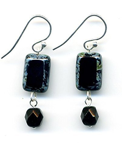 Glass Bead Rectangle Drop Earrings With Crystal in Black  Dangle Earrings  Sterling Silver