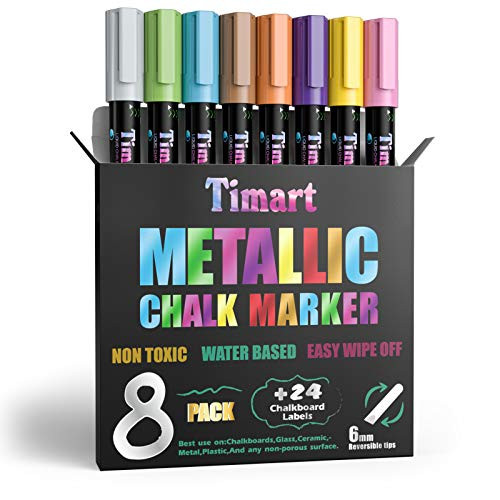 TIMART Metallic 8 Pack Liquid Chalk Markers  Bold Wet and Dry Erase Marker Pens - Chalk Markers for Chalkboards Signs  Blackboards  Windows  Glass- 6mm